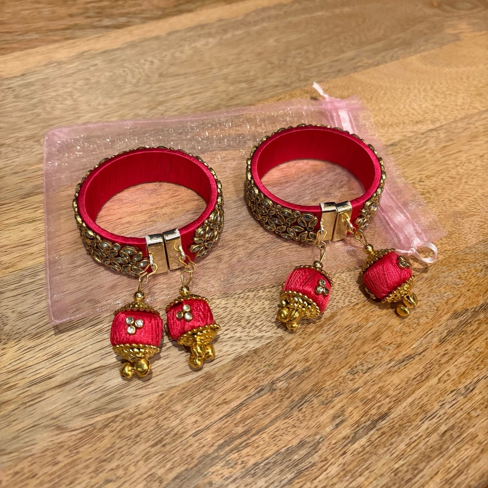 Set of 2 Magenta & Gold Faux Diamond-Encrusted Indian Bangles with Pink Mesh Bag